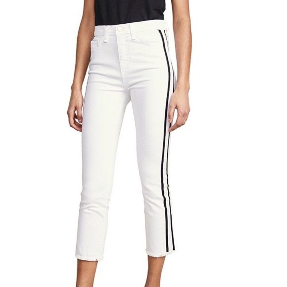 Veronica Beard Carly 11” Kick Flare White Jeans with Stripe